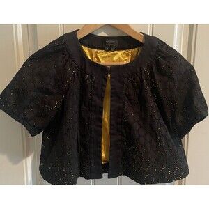 Nicole Miller Women’s Bolero Jacket Size 6 Open Front Black Cropped Gold Lined